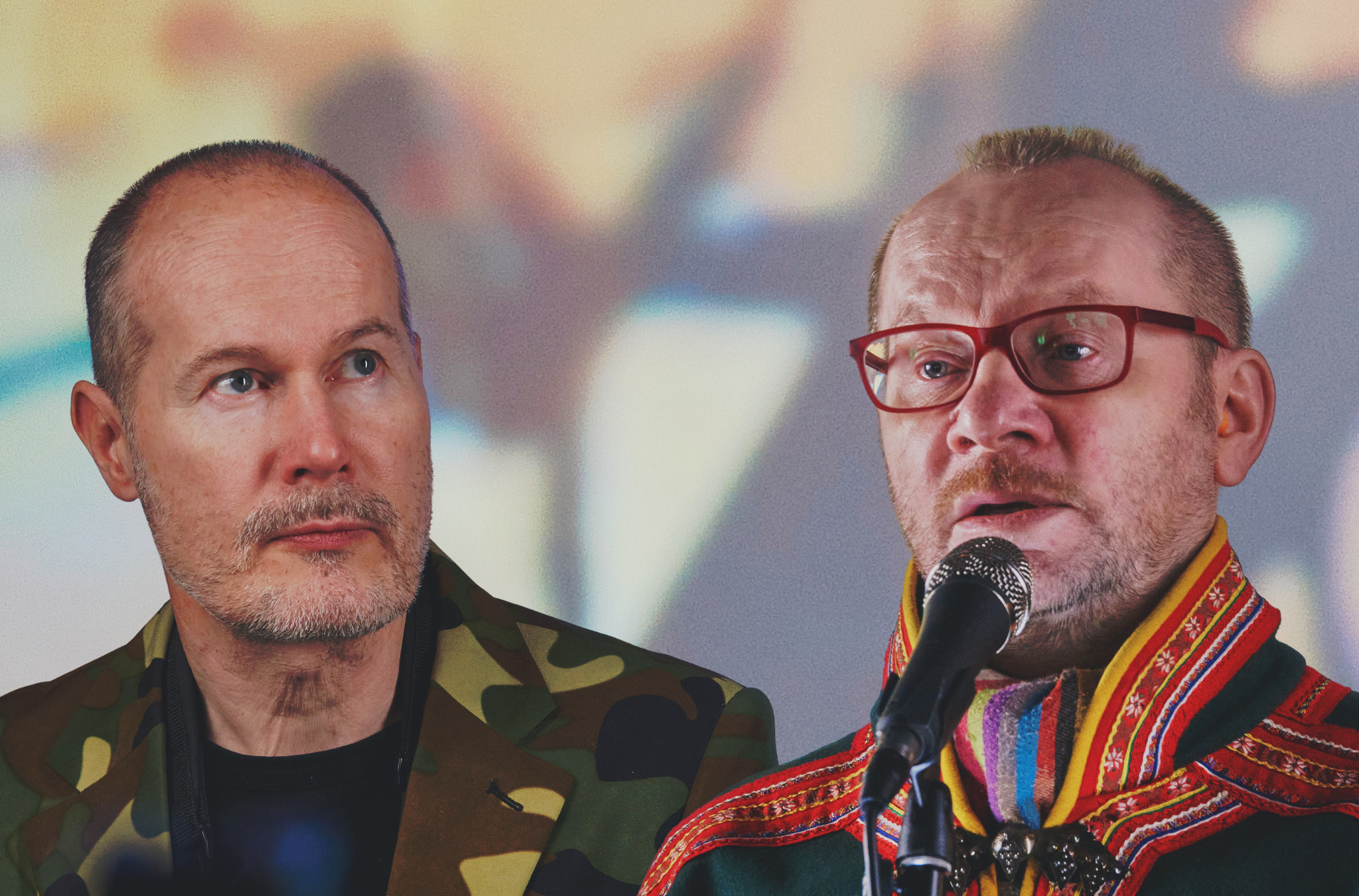 Kuvassa Tapani Rinne vasemmalla maastokuvioisessa takissa ja Wimme oikealla saamelaisessa kansallispuvussa.